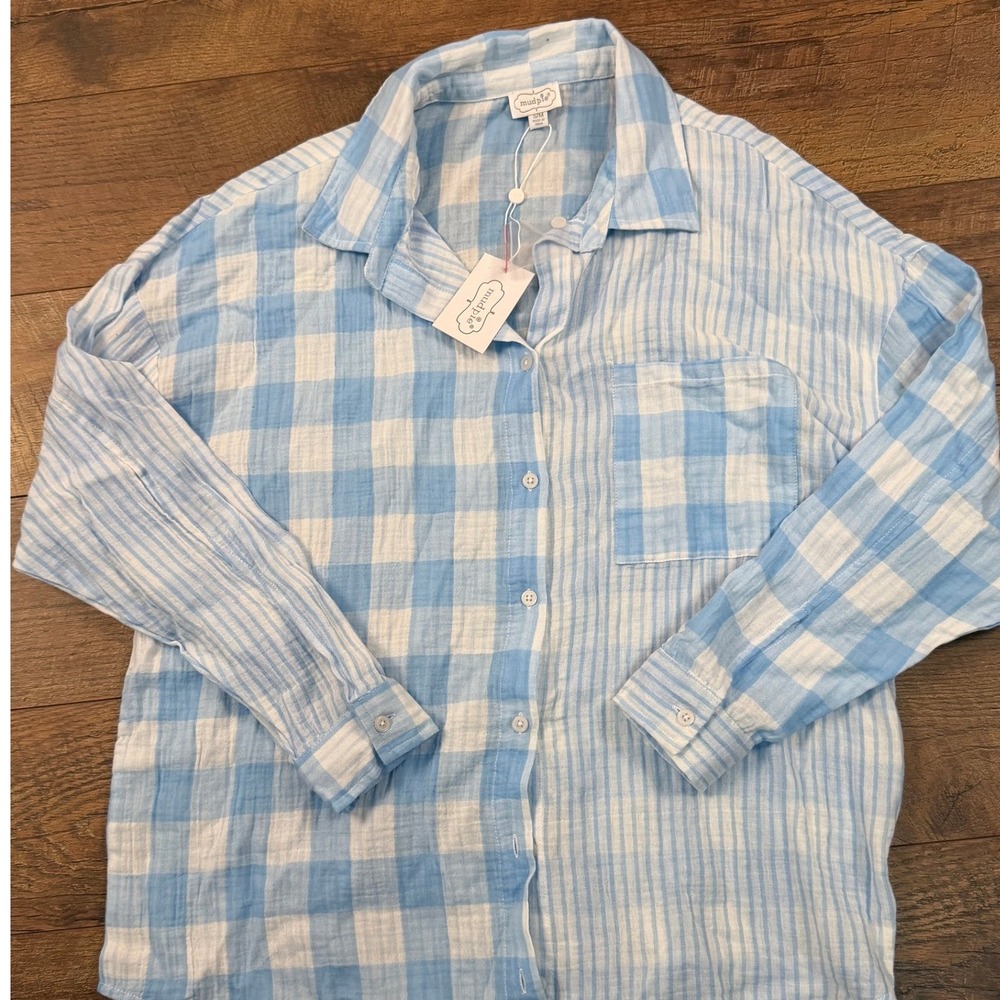 Mud Pie Button Down Shirt Blue White Buffalo Check Gingham Striped Women's Small